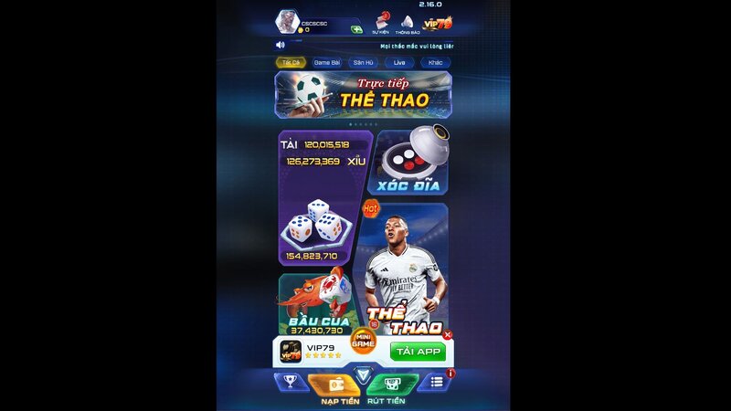 Giao diện chính của cổng game online Vip79